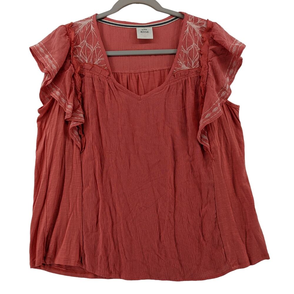 Knox Rose Embroidered‎ Blouse M Pink Flowy Flutter Floral Ruffle Top Work Casual